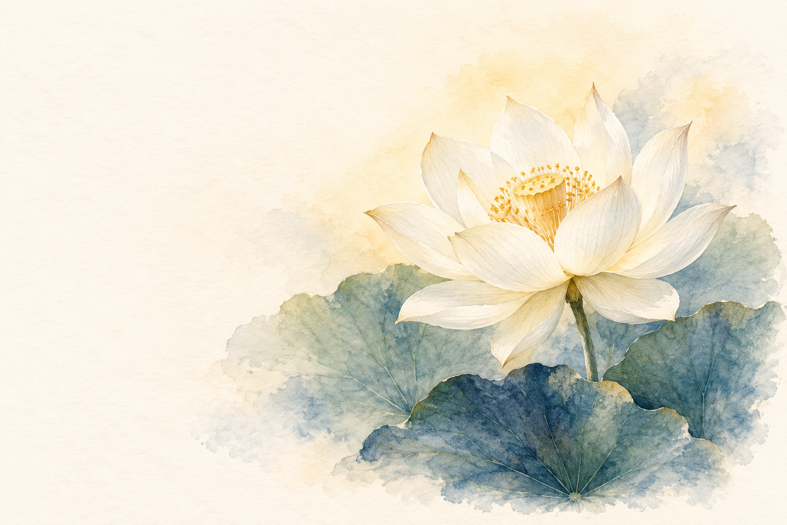 An ivory lotus unfolding among soft blue leaves, painted in watercolour